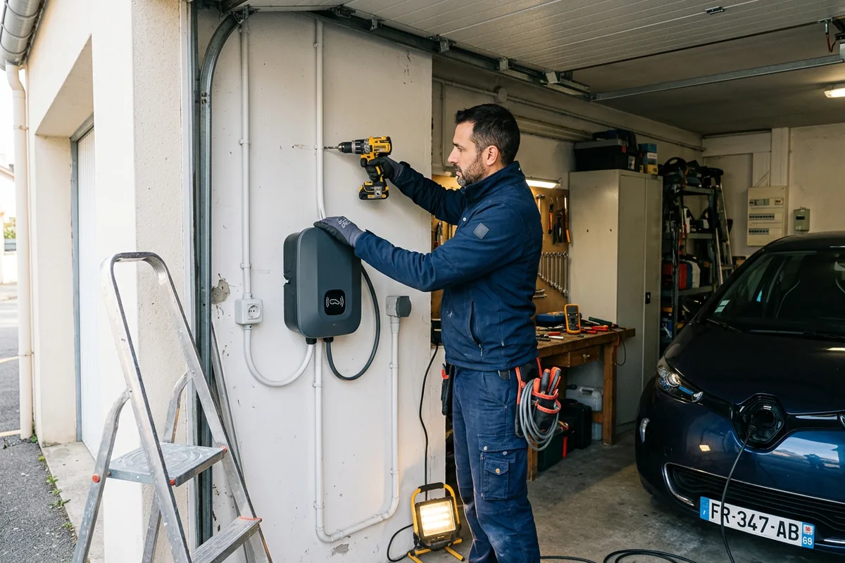 Pose d'une wallbox pour voiture électrique par un installateur qualifié à Brie